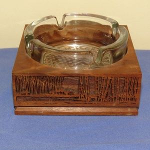 Lasercraft Engraved Wood/Glass Mid Century 2 pc Ashtray
